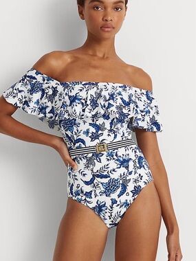 Lauren Ralph Lauren Off-Shoulder Belted Blue Floral One-Piece Swimsuit